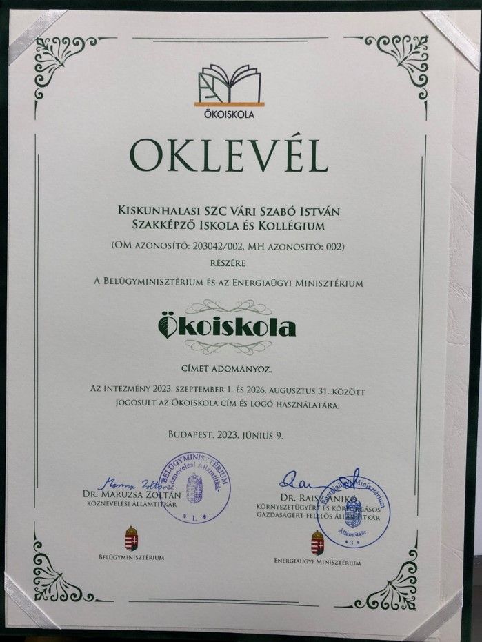oklevél öko iskola